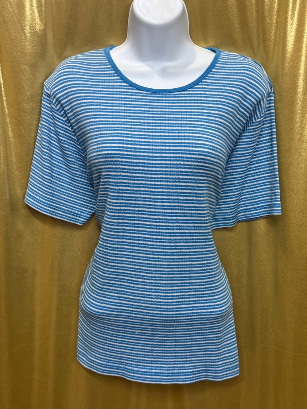 Vintage Cabin Creek Blue & White Striped Ribbed Crewneck Tee - Size L